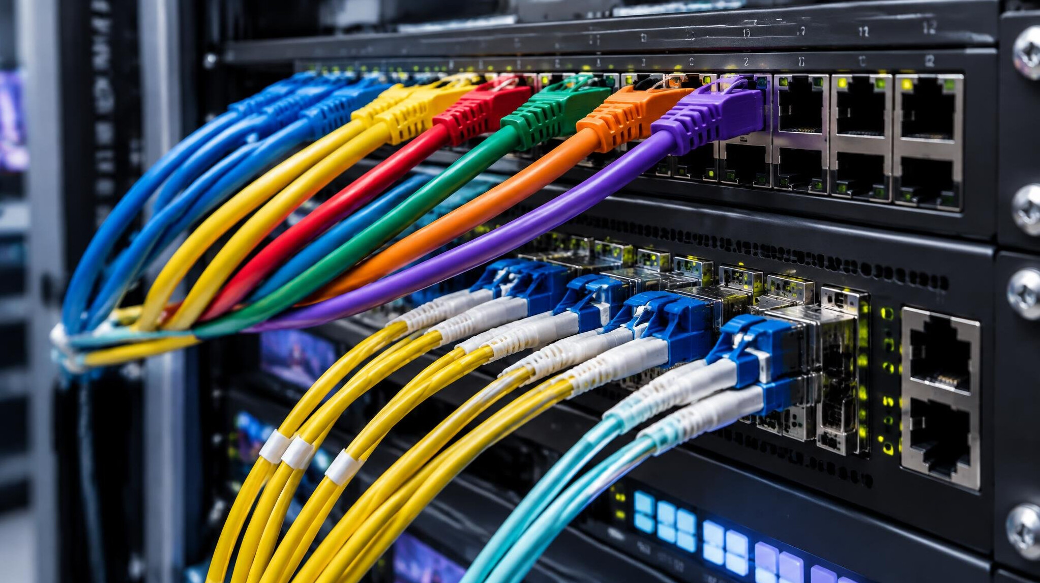 Network cables connected to a patch panel in a broadcast equipment rack