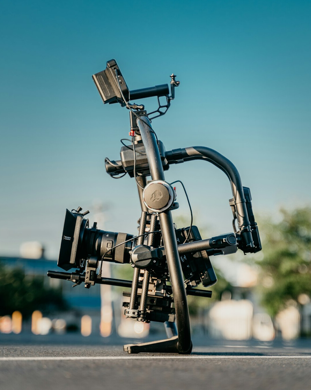 Cinema camera rig on a tripod used for news production
