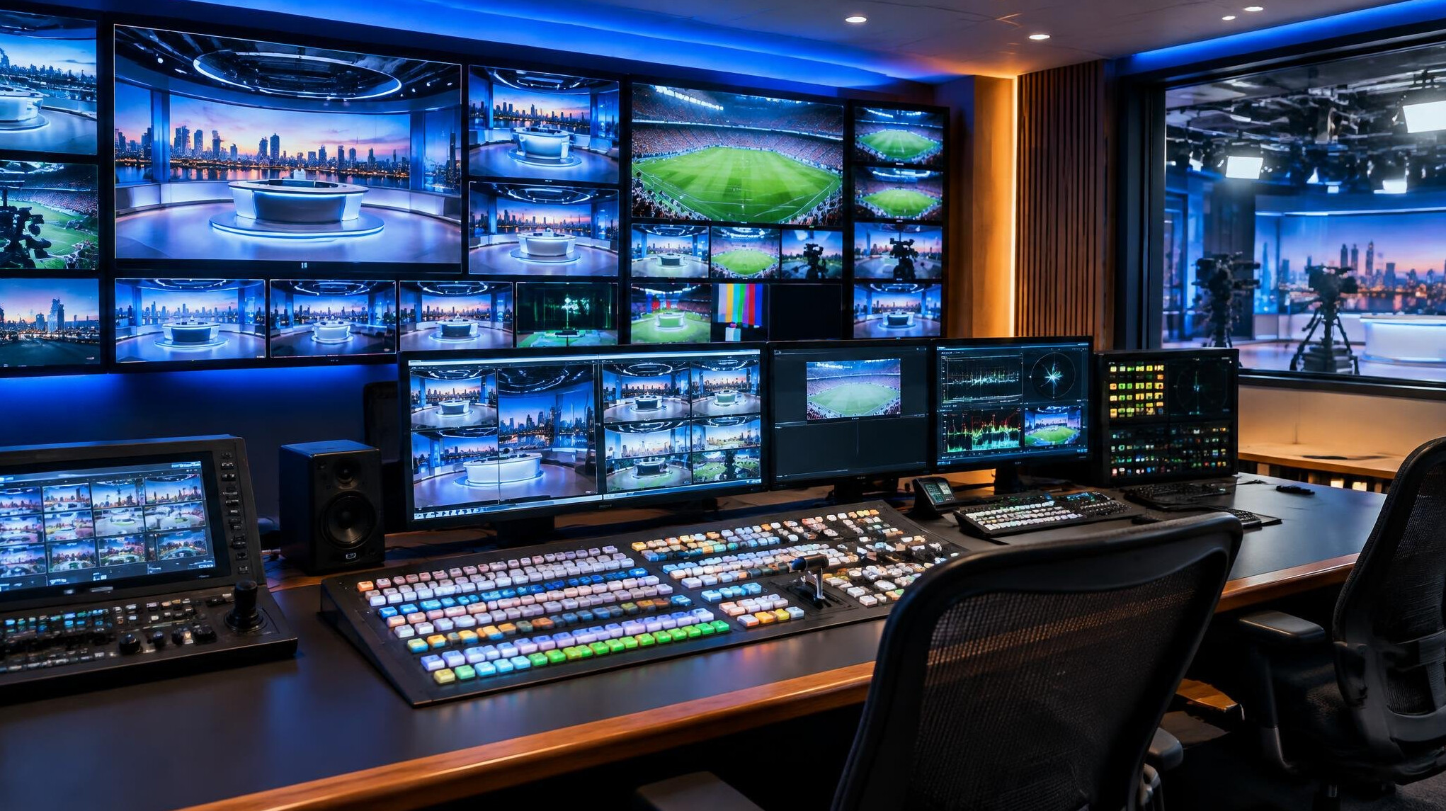 Broadcast control room with multiple monitors showing live camera feeds